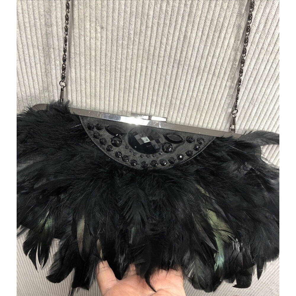 Black Feather Rhinestone Clutch Purse Convertible Chain Shoulder Evening Bag - Picture 4 of 14